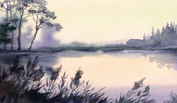 Lukisan Gambar Tangan Tenang Pedesaan Pondok Bukit Rumah Adegan Hujan — Stok Foto