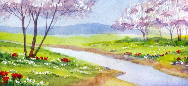 Akvarelllandskap Blommande Fruktträd Över Den Lugna Sjön — Stockfoto