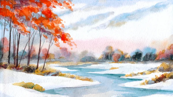 Bright Hand Drawn Aquarelle Paint Sketch New Year Xmas Weather — Stock fotografie