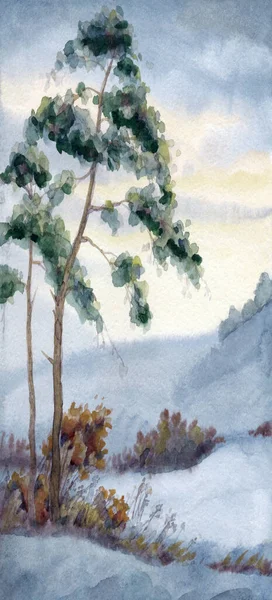 手描き水彩画作品太陽の光霧霧の秋冷凍古い庭の新しい年のクリスマスシーンホワイトペーパーカードテキストスペースの背景 暗い色のペイントブラシスタイルのデザインクールな田舎の茂みの低木の景色 — ストック写真