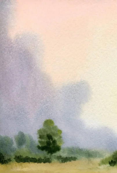 手绘浅色彩绘素描毛茸茸的春雨旅行小径风景纸文字空间背景 淡淡的降雾烟熏熟了干谷类作物风景灌木杉木植物抽象风景 — 图库照片