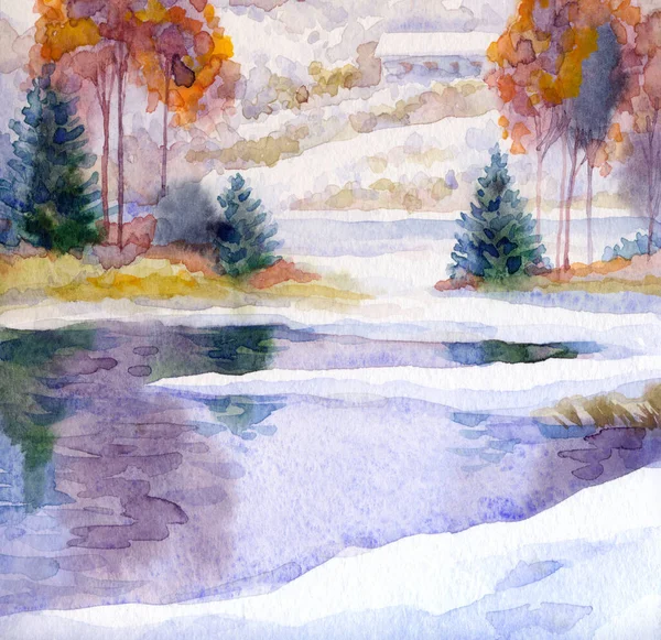 手绘绘画作品凉爽的新年大雾多云的白天场景 浅色白纸卡背复古风格 色彩艳丽的老云杉林冰冷冰冷冰冷平静的池塘溪滨户外风景 — 图库照片
