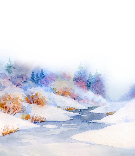 明るい手描き水彩画のスケッチアートワークライトペーパーカードの背景テキストスペース上 穏やかな青い色のドリフト低木植物の冬の日のシーン 氷の新年解凍小川湾の海岸風景 — ストック写真