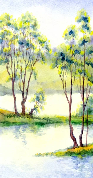 明るい手描きの水彩画家は 新鮮な空気の日没シーンをスケッチします 論文の背景テキスト空間 淡い緑の黄色のペイントアートワーク穏やかな日に茂みの谷の芝生の茂み 風光明媚な小川ベイバンクビュー — ストック写真