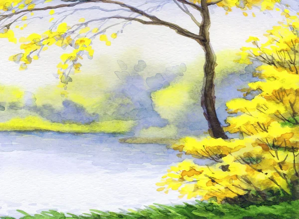 活泼的手绘水彩画画家在纸背文字空间上描绘了新鲜空气的日落场景 平静的日子里 红色橙色的绘画作品 山谷草坪 风景秀丽的溪湾河岸尽收眼底 — 图库照片