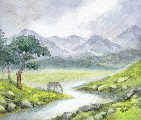 Ručně Kreslený Alpský Malíř Akvarel Malba Papíře Pozadí Textový Prostor — Stock fotografie