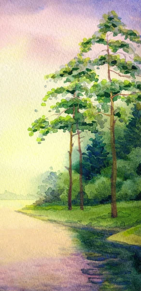 手绘明亮的水彩画草图在纸背景文字空间上浅粉色云彩 乡间乌云密布的景色 茂密的落叶芦苇反映在静谧的雾溪流中 — 图库照片