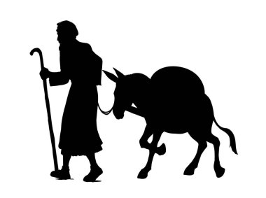 Asian male jew elder age human pilgrim go lead stick staff ass pet track path way white sky Hand drawn art sketch ride retro biblic desert trip islam rustic cattle bridle yoke good burden cargo symbol
