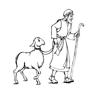 Retro antiqu arab biblic art hand drawn jew guy go bring eid ride holy shear fur wool ritual white male calf pet meat food. East asia israel rustic horn herd slave job God pray asian market work story