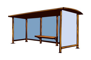 Steel suburb busstop promo ad brand render plastic roof cover canopy glass wall side view white sky text space. Black line hand drawn wait tram chair sign icon symbol modern doodle outline art style