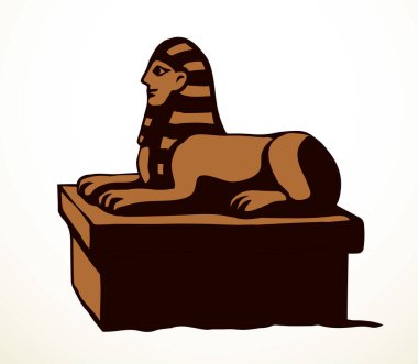 Altın mistik oyma aslan adam maskesi izole edilmiş beyaz çöl kum nekropolü gökyüzü metin uzayına bakıyor. Çizgi siyah el çizilmiş efsane rock tanrısı logosu piktogram retro sanatçı karalama karikatür tarzı