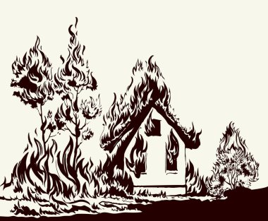 Light red burnt cottage estate exterior roof loss tragedy ruin grass bush scene dark sky smoke text space. Black line hand drawn hot hut property safe risk life concept retro cartoon sketch art style