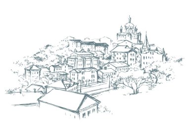 Tarih Çağı Sonbahar Sonbaharı St. Square Kilisesi çan kubbesi manzaralı beyaz gökyüzü metin uzayı. Siyah mürekkep kalem el çizilmiş kış tepesi aziz merkezi yol sahne karalama çizgisi sanat sembolü