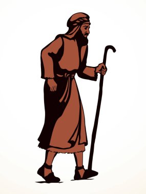 Yetişkin bilge, orta yaşlı erkek Yahudi, beyaz bornoz, baston görünümlü İsrail elbisesi giyer. El çizimi siyah retro müslüman uae uae hindi çöl adam Paul dua Tanrı İsa Mesih inancı yol inanış İslam sanat yolu