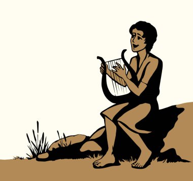 Genç Yahudi hobi erkek çocuk, parmak akoru, Lira Lute notası, dua et de eski moda robot resim çizimi tarzında çizilsin. İsrailli Lord Musevi kız halk sanatları sanatçısı Kral Saul beyaz gökyüzü