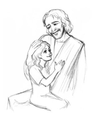 Yetişkin erkek Yahudi Lord 'u dikkatli ol küçük çocuk kollarını tut rahatla sevimli gülücük at. Kara kalem çizilmiş kutsal Yahudi umudu, neşelen, neşelen, Tanrı 'nın inancı, incilsel inanç hikayeleri, sanat eskizleri.