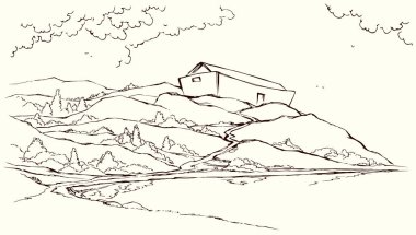 Ahşap büyük yay hayvan evi hattı Ararat 'ın yeri beyaz yağmur bulutu gökyüzü alanı ana hatları siyah el çizimi retro sanat işareti kutsal Lord kilisesi kavramı vahşi kaya tarlası okyanus suyu ülkesi korumak