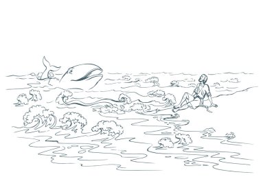 Old lone 1 jew male guy hope save life swim wild giant big marine beast open jaw mouth help israel human alive symbol. Retro pray jewish god biblic miracl story cartoon hand drawn sketch art white sky