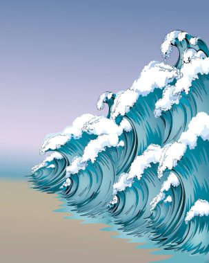 Yaz eğrisi girdap mavisi akış elementi manzarası. Açık gri gökyüzü metin arkaplanı. Parlak teal cyan renk el çizilmiş eski ölüm kazası sahne amblemi amblemi yok et işaret retro çizgi roman tarzı tasarım