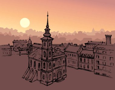 Fransa İtalya İngiltere 'de çan kubbesi manzaralı çatı manzaralı gece mavisi metin uzayını yaşlandırdı. Kara El Polonya 'yı Alman merkez yolu olarak çizdi. Gotik Çek İtalyan sanat tarzı skeç sahnesi.