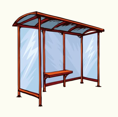 Steel suburb busstop promo ad brand render plastic roof cover canopy glass wall side view white sky text space. Black line hand drawn wait tram chair sign icon symbol modern doodle outline art style