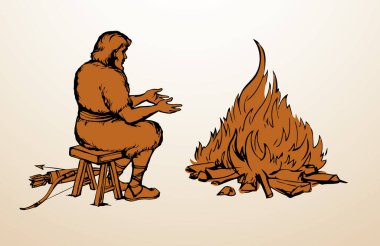 Geçmiş retro neolith dönemi yerli kültürü güçlü vücut koltuğu taş avlama aracı savaş kolu yayı. Elle çizilmiş kirli göçebe derisi kürk, pişir, yak, yak, yak, ye, resim taslak simgesi.