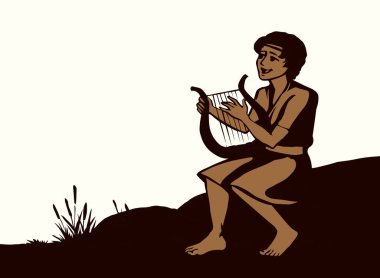 Genç Yahudi hobi erkek çocuk, parmak akoru, Lira Lute notası, dua et de eski moda robot resim çizimi tarzında çizilsin. İsrailli Lord Musevi kız halk sanatları sanatçısı Kral Saul beyaz gökyüzü