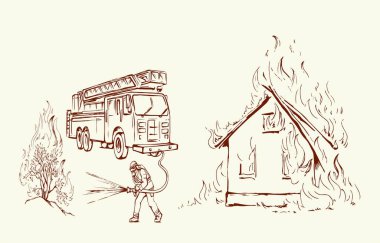 911 urgent car truck hose aid team risk job activity fight hero male try street park tree bush plant bonfire blaze. Hand draw no mean logic effect result save spray humor symbol vector art graphic sky