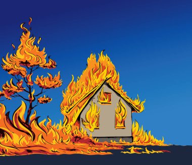 Light red burnt cottage estate exterior roof loss tragedy ruin grass bush scene dark sky smoke text space. Black line hand drawn hot hut property safe risk life concept retro cartoon sketch art style