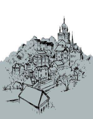 Tarih Çağı Sonbahar Sonbaharı St. Square Kilisesi çan kubbesi manzaralı beyaz gökyüzü metin uzayı. Siyah mürekkep kalem el çizilmiş kış tepesi aziz merkezi yol sahne karalama çizgisi sanat sembolü