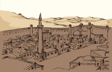 İncil 'in ortalarından Yahudi kırsalından Afrika kırsal kesiminden Mısır kırsalından Fort Fort Hill Vadisi' nden gökyüzü manzarasına İran 'dan el çizimi Irak' tan Türkiye 'den İran' a, İran 'dan Türkiye' den kare kule seyahat çizim hattı İncil 'deki sanat vektörü