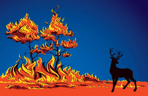 抽象的な赤い森林暖かい火花の野生の光の灰の眺め明るいライト テキスト スペース 黒い手描く大きい男性の冷たいラックの角の獣の頭部の走行リスクは乾燥した地球的な気候の風のアイコンの印の概念芸術を破壊します — ストックベクタ