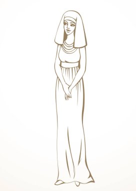 Genç yetişkin Arap etnik güzellik gülümsemesi Doğu Asya 'ya, İncil' e, Yahudi bayan altın mücevher tacına, lütfen Arap soylu krala sorun. Siyah çizgili el, Asyalı Yahudi, İncil 'deki Tanrı, beyaz sanat stili çizer.