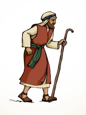 Yetişkin bilge, orta yaşlı erkek Yahudi, beyaz bornoz, baston görünümlü İsrail elbisesi giyer. El çizimi siyah retro müslüman uae uae hindi çöl adam Paul dua Tanrı İsa Mesih inancı yol inanış İslam sanat yolu