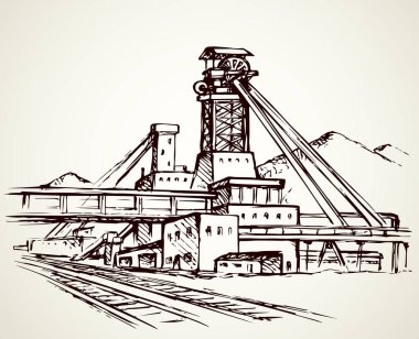 Eski büyük demir madenleri, beyaz gökyüzünde rafine edilmiş kazı fabrikası çalışmaları. Siyah çizgili el ağır kömür karbon ham dizel tank servis simgesi metin taslağını retro yüksek sanat karikatürü olarak çizdi