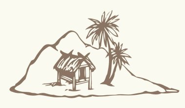 Eski yalnızlık turistik tatil beldesi deniz taşlı çöl beyaz gökyüzü. Siyah el, 1 bali konsept logo simgesi tabela sahnesi çizdi. Retro sanat karalama çizgisi çizgi film baskı tarzı gezi manzarası