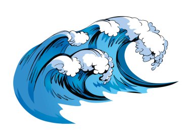 Yaz eğrisi girdap damla element manzarası. Beyaz gökyüzü metin arkaplanı. Mavi cyan renk el çizilmiş eski ölüm kazası sahne amblemi amblemi pictogram retro sanat eseri doddle tarzı baskı tasarımı