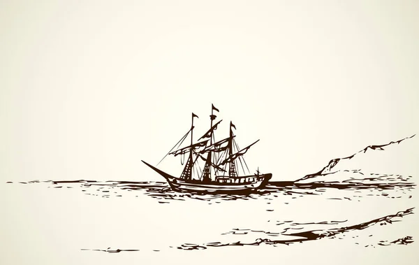 Wooden Navy Buccaneer Caravel Sailor Voyage Travel Scene White Sky — Stock Vector