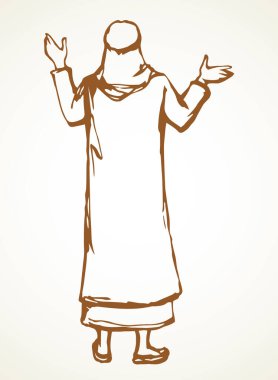 Bedevi haham antika adam fularlı şapka stili. Eski İncil İsa, insan inancı simgesi. İncil 'de geçen klasik Yahudi karikatür vaizi. Asya bornoz ceketinin arkası kollu Yahudi görünümlü Musa görüşü