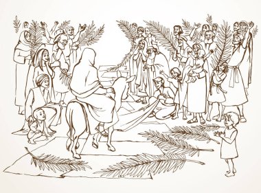 Holy lord messiah king faith bless saint jew girl lady dress cloth white road way last week scene. Hand drawn ass ride city travel come hosanna male son boy kid sketch old catholic cartoon picture art