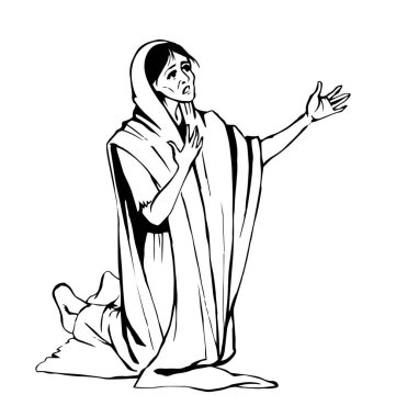 Antik kutsal duvak yalnız üzüntü yalnız diz çök yahudi sürtük Hagar bayan ağla yardım dile Yüce İsa kilisesine el işareti yalnız başına yaşa hasta Suudi Arabistan dulu İslami inanç sanat eskizi