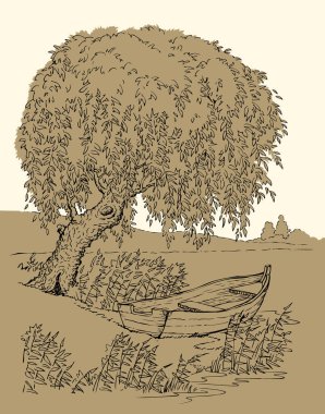 Eskimiş siyah mürekkep kalem el, sükunet ve sükunet dolu bir sonbahar sahnesi, eskimiş sanat karikatür çizgisi tarzı. Kapalı vahşi dere kamışı bitkisi arazi manzaralı beyaz gökyüzü metin arkaplanı