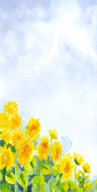 Hand drawn bright artwork paint hot villag bloom petal leaf fall season heaven scene sketch white paper text space card. Sun light blue color calm rustic ripe food grain green plant meadow scenic view