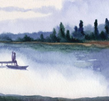 Hand draw artist beach shore wooden bridge boat guy dad husband son mother wife scene sketch. Cute happy joy relax human calm rest 2 rural male kid hug field bush wood land plant fog mist view picture
