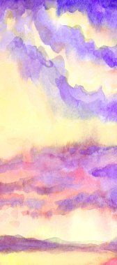 Hand drawn paint quiet calm beach shore fresh sun glare white light dawn heaven horizon view scene. Paper card text space retro sketch style design blue violet acryl color pond rain mount view picture