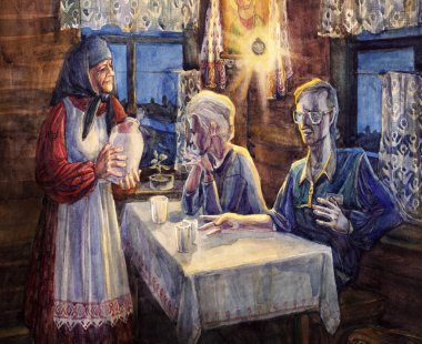 Poor ancient human love smile mom lady veil scarf shawl look meet talk hold pot jar meal food jug cup wooden hut seat light icon lamp dark dusk sky. hand draw son girl sit even night retro graphic art 