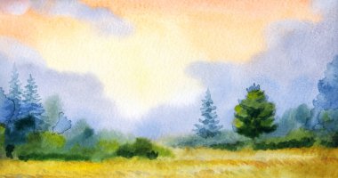 Hand drawn bright light color artwork paint sketch misty fog rain travel spruce scene paper text space backdrop. Calm fall haze smoke ripe dry grain crop scenery shrub wood fir plant mist scenic view