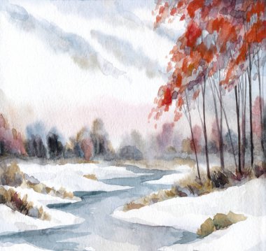 Parlak el çizimi akvaryum boyası. Yeni yıl eskizi. Manzaralı hava manzaralı. Beyaz renk, çayırlık, sonbahar, çalılık, soğuk, donmuş dere, bahar günü sahnesi.