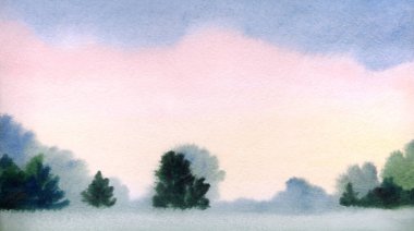 El çizimi açık renkli suluboya resim taslak su deresi deresi, gölet kıyısı yağmur sahnesi, kağıt metin arkaplanı. Pembe renk sakin sonbahar sisi duman çalılık ağaçlık bitki izi kırsal manzara