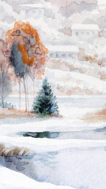 El çizimi sanat eseri serin yeni yıl sis bulutlu gün sahnesi. Açık beyaz kart arka plan eski tarz. Parlak renk eski çalı ormanı buz gibi soğuk sakin gölet göleti kıyısı manzarası